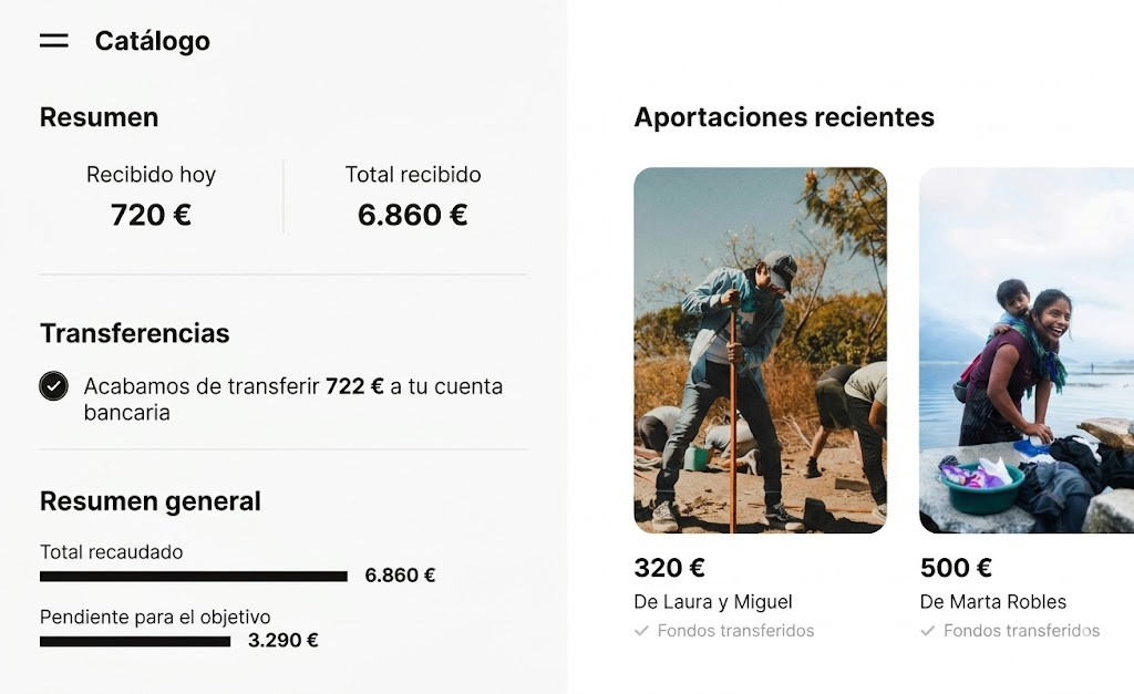 donaya-Zahlungs-Dashboard mit Spenden- und Verkaufsaktivitäten.