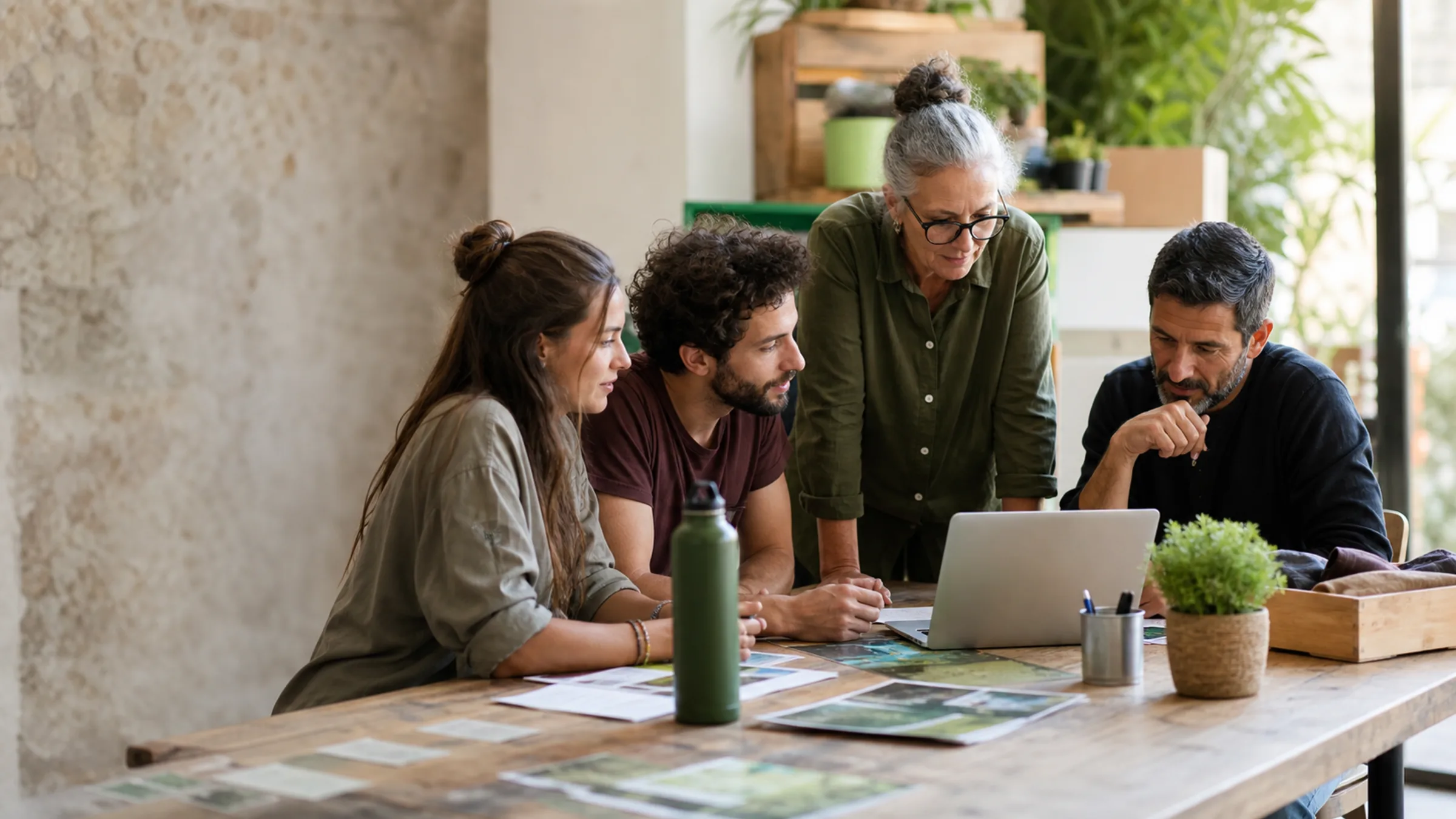 Team einer sozialen Organisation prüft Optionen für Online-Spendenplattformen auf einem Laptop